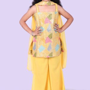 Yellow coloured embroidered ethnic indo western set