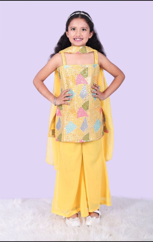 Yellow coloured embroidered ethnic indo western set