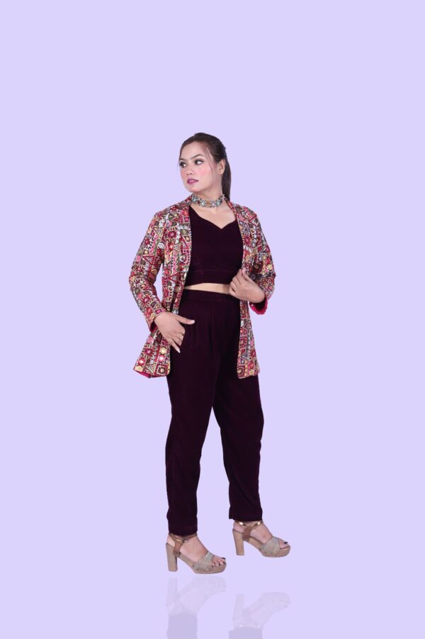 Multi coloured jacket with wine colour velvet blouse and pant set